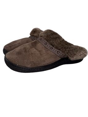 Isotoner Microsuede Faux Fur Trim Slide On Indoor/Outdoor Slippers Size 7.5 / 8